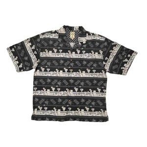 Montego Mon 100% Silk Button Short Sleeve Black Beige Pineapples Cocktails L